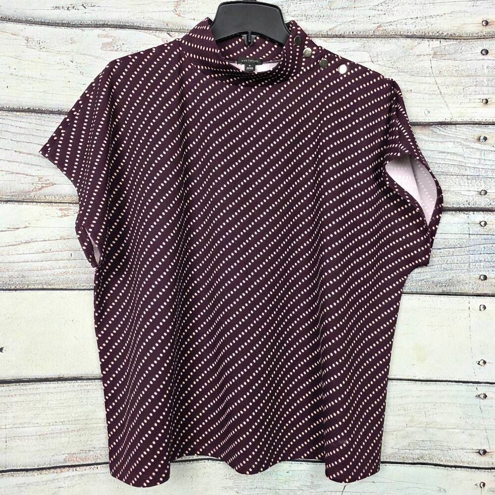 Ann Taylor Polka Dot Mock Neck Top Burgundy Women’s XL